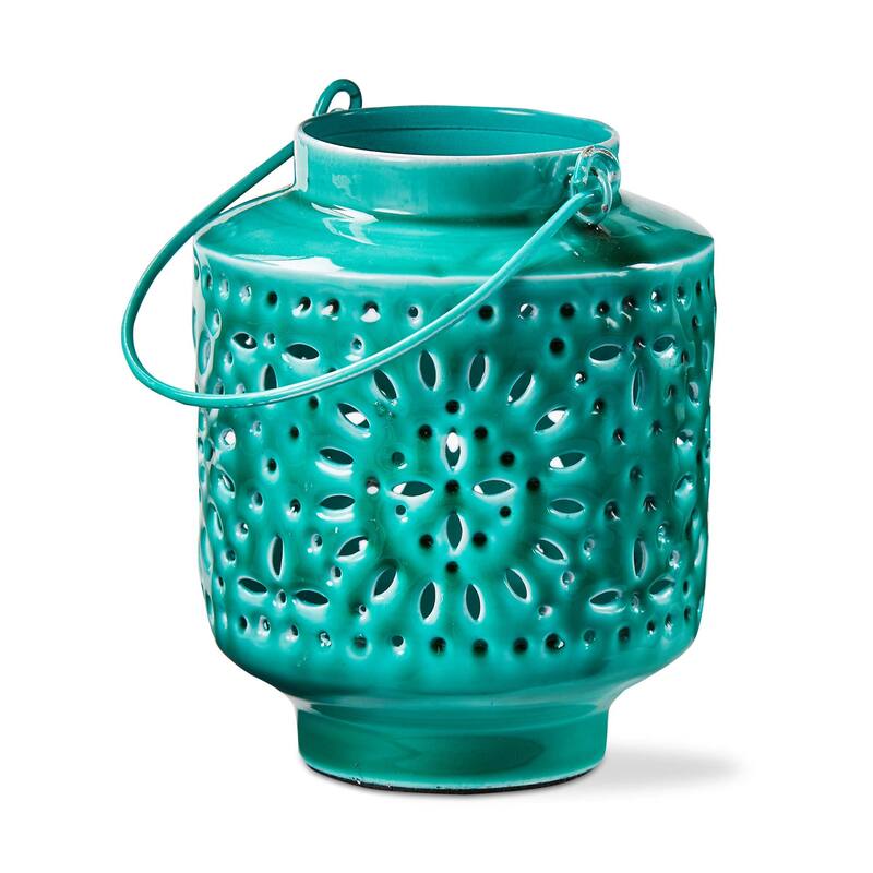 Aura Enamel Lantern Small Teal - Metal Candle Holder for Pillar Candles, Summer Decor, 4.75" H x 3.5" W x 3.5" L - Teal Blue