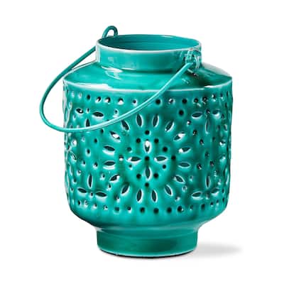 Aura Enamel Lantern Small Teal - Metal Candle Holder for Pillar Candles, Summer Decor, 4.75" H x 3.5" W x 3.5" L - Teal Blue