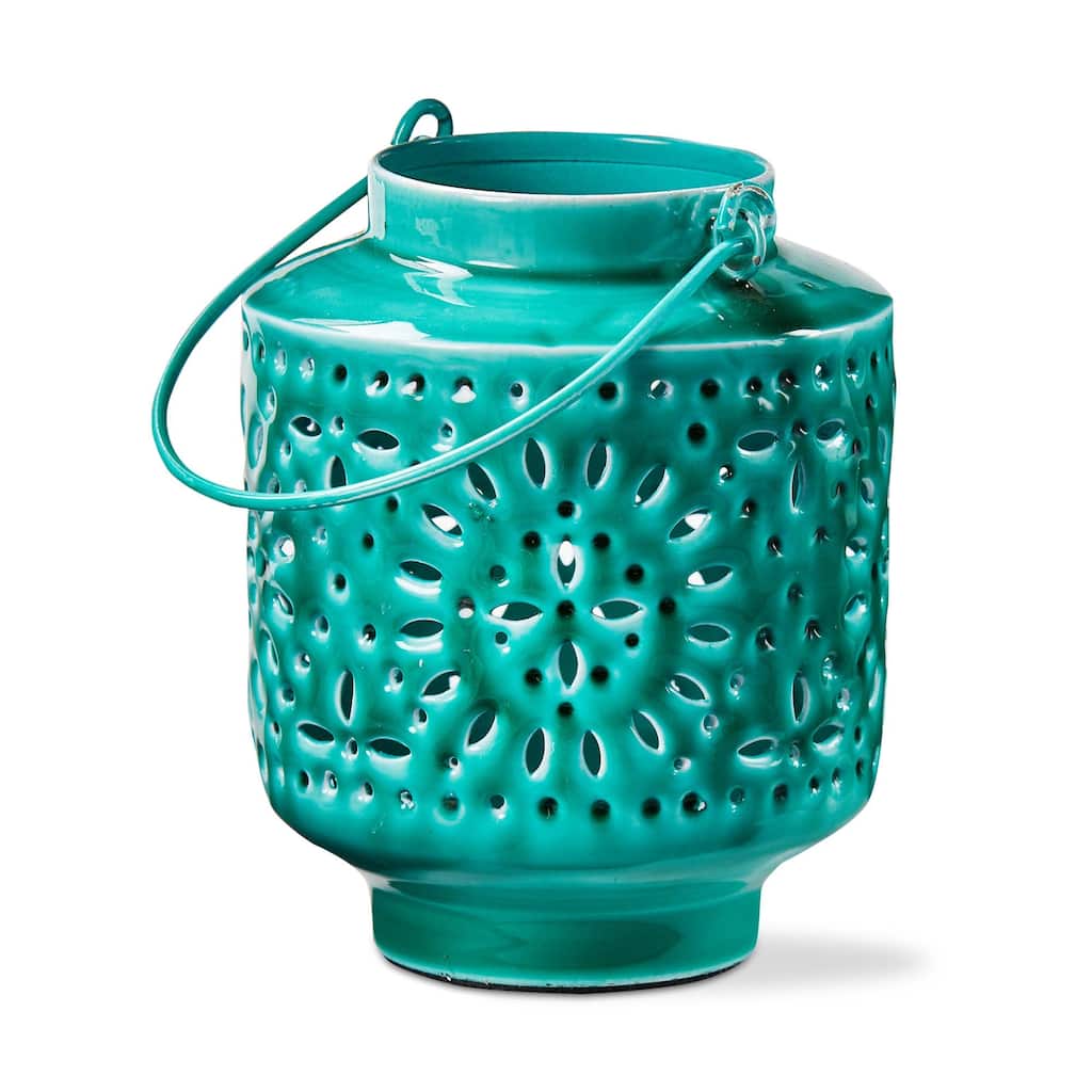 Aura Enamel Lantern Small Teal - Metal Candle Holder for Pillar Candles, Summer Decor, 4.75" H x 3.5" W x 3.5" L - Teal Blue
