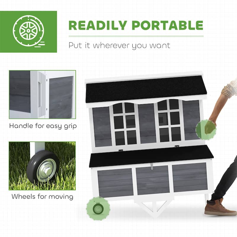 Wooden Chicken Coop with Wheels, Waterproof Roof and Ventilation - 43.3" W x 38.2" D x 50.8" H