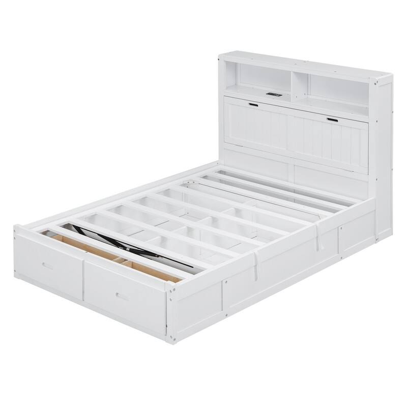 Full/Queen Size Hydraulic Storage Platform Bed Frame with LED, Charging Station and 2 Drawers
