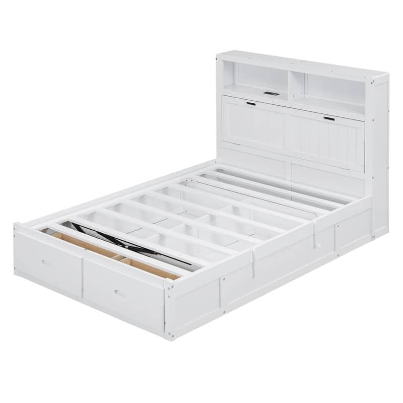 Full Size Wood Platform Bed with LED Headboard Charging Station 2 Drawers Hydraulic Storage