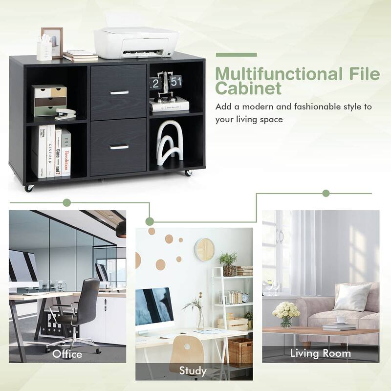 Gymax Rolling Wood File Cabinet w/ 2 Large Drawers & 4 Open