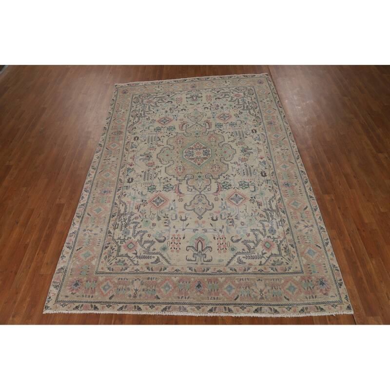 Beige Tabriz Persian Vintage Area Rug Hand-Knotted Wool Carpet - 6'6" x 9'9"