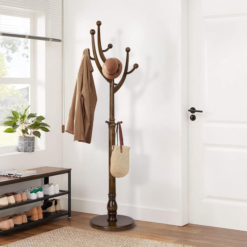 Rubberwood Coat Rack Freestanding, Entryway Coat Tree with Hooks - 74"H x 16.5"Dia - Walnut Brown