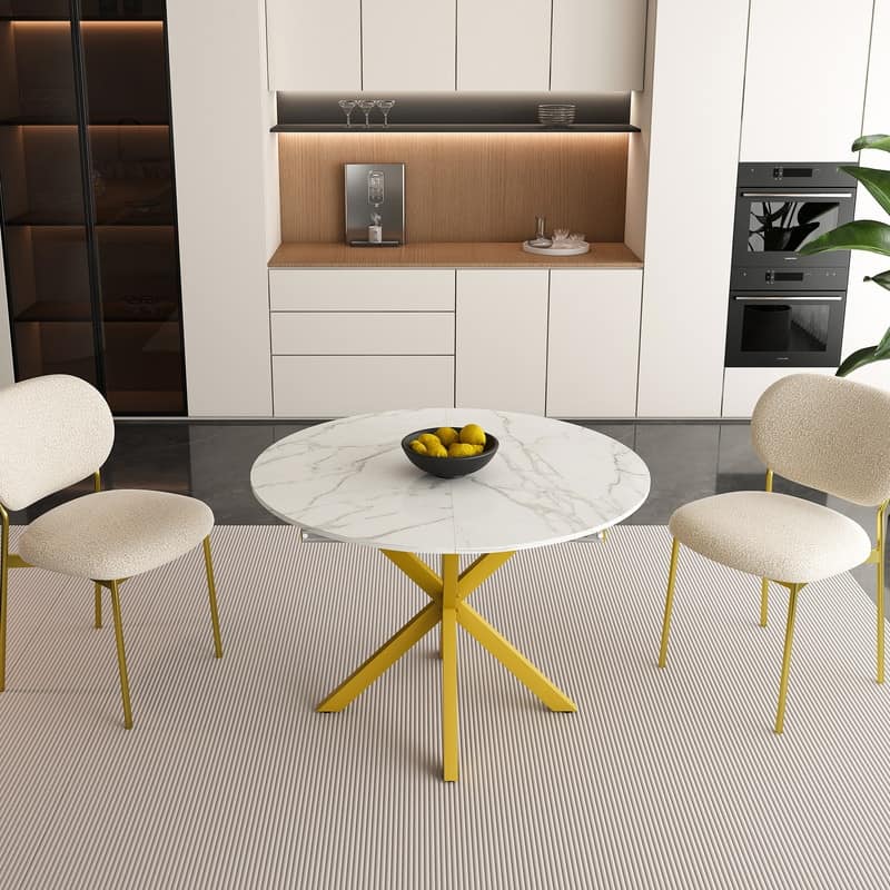 42" to 58" Extendable Round Dining Table, Modern Wood Veneer Top & Carbon Steel X-Base