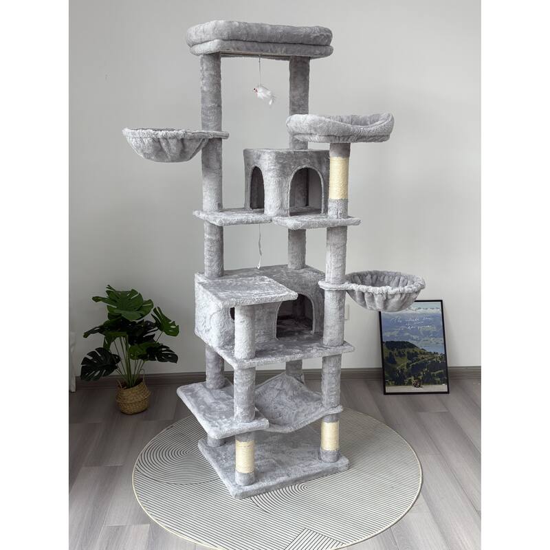 68 in Tall Multi-Level Green Cat Tree with Hammocks, Hanging Basket, Cat Cave, Removeable Cushion, Scratching Posts
