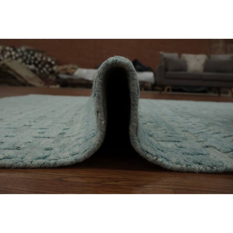 Hand Knotted Oriental Silk Carpet Modern Geometric Navy Blue & Blues Gabbeh Area Rug - 7' 4'' X 4' 11''