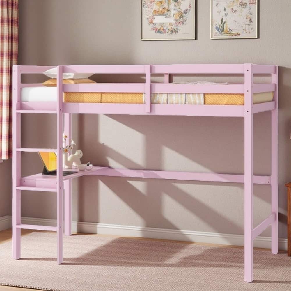 Twin High Loft Bed with Built-in Desk, Safety Guardrails, Ladder, and Rubber Wood Frame