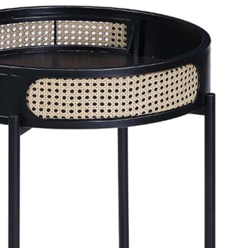 24 Inch Round End Table, Rattan Apron Accent, Metal Legs, Black - 22 Dia. x 24 H, in inches