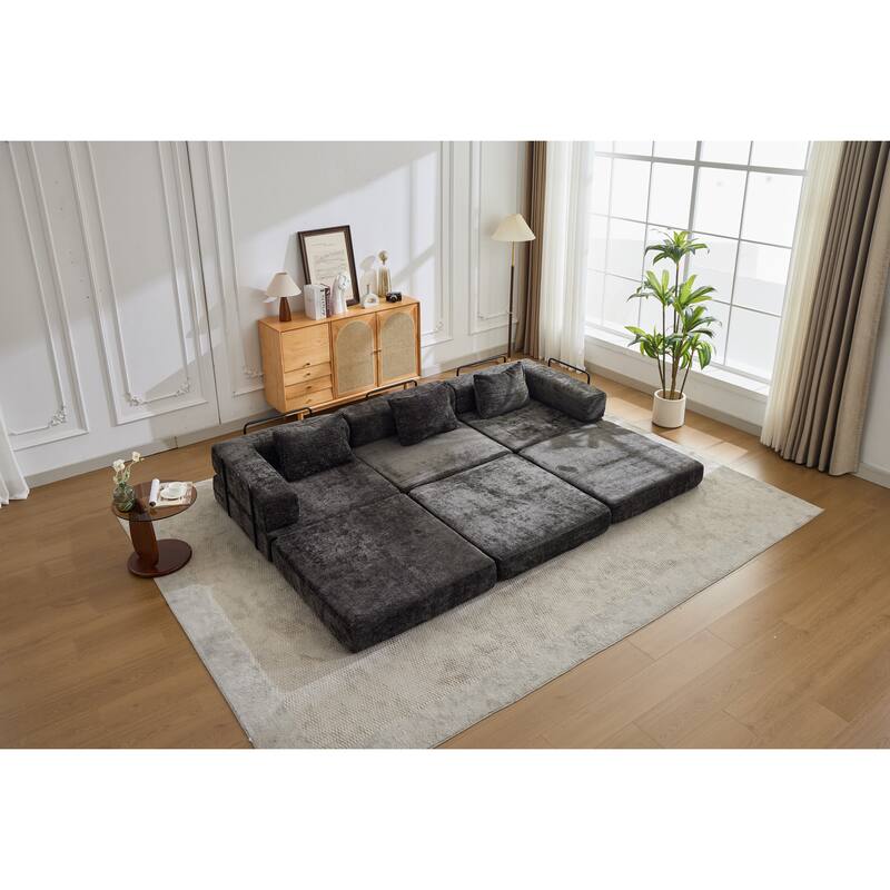 Chenille Fabric Compression Sofa, Boneless Modular Sectional Sofa, Convertible Floor Sofa Bed with Fixed-Shape Frame