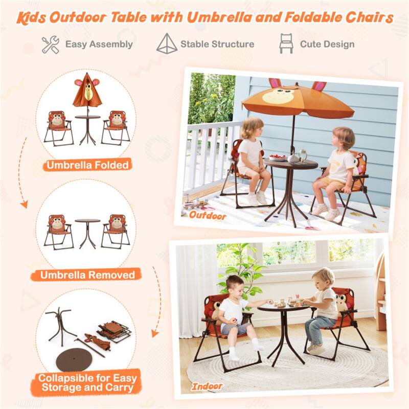 Kids Outdoor Picnic Table and Chair Set with Adjustable Umbrella Lion Pattern Foldable Table and Chairs for Ages 2-5