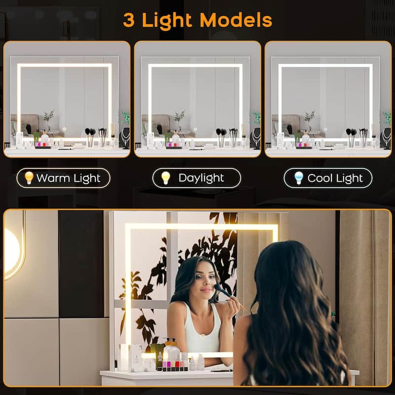 Vanity Desk with Touch Light Mirror - White
