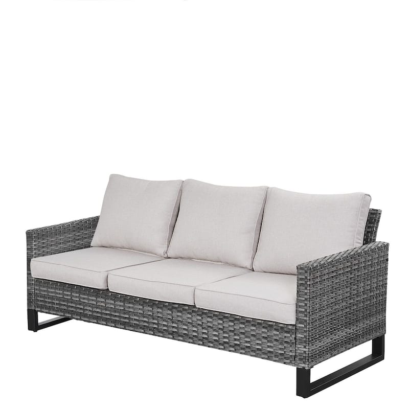 Gymojoy 3-Seat Outdoor Sofa, All-Weather PE Wicker - 1-Piece - Grey Wicker / Beige Cusion