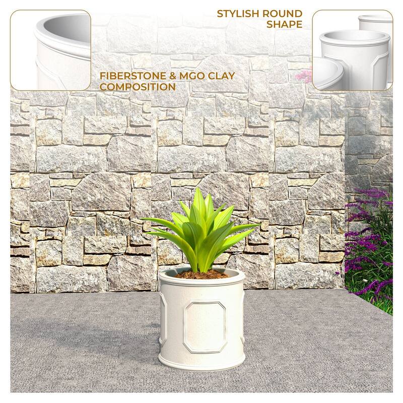 Meadow Classic Round Fiberstone and MGO Clay Planter with Drainage for Indoor Outdoor Home Office Yard Patio Fully Assembled