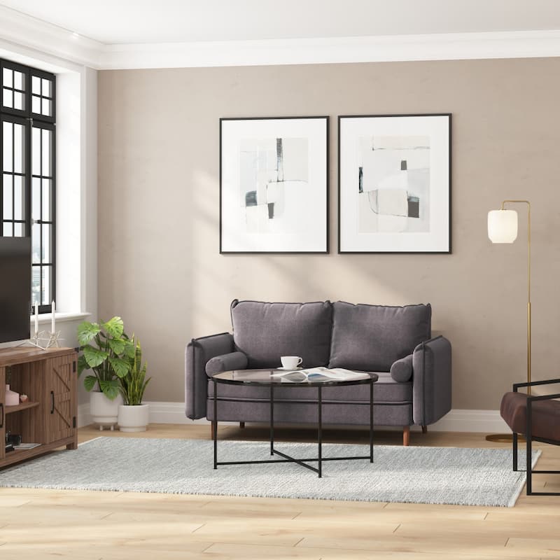 Compact Faux Linen Upholstered Loveseat with Wooden Legs - Stone Gray