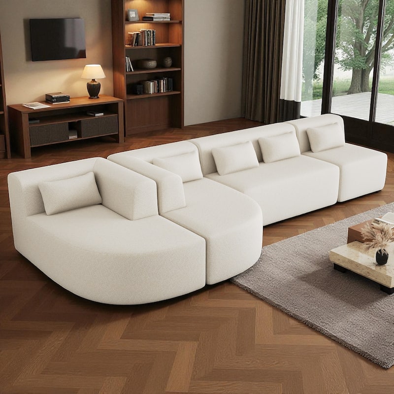 144" Modular Upholstered Sofa with 2 Curved Chaise Lounges and 5 Back Pillows, Boucle Free-Combined Couch for Living Room - Beige
