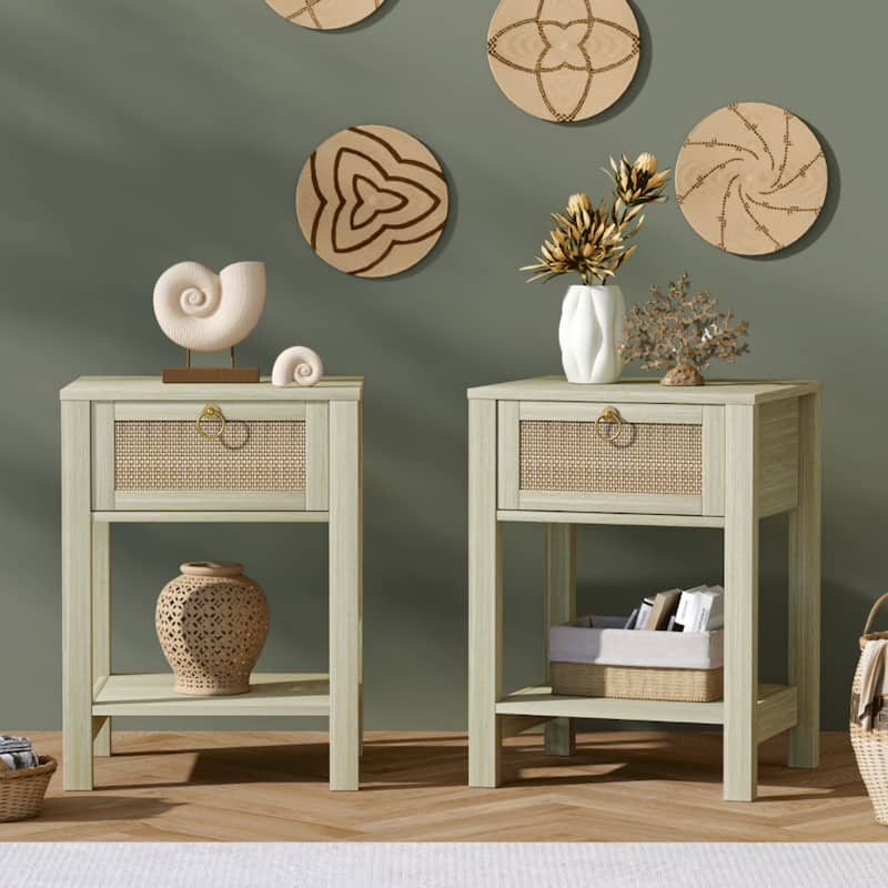 SICOTAS Farmhouse 1-Drawer Rattan Nightstand Set of 2