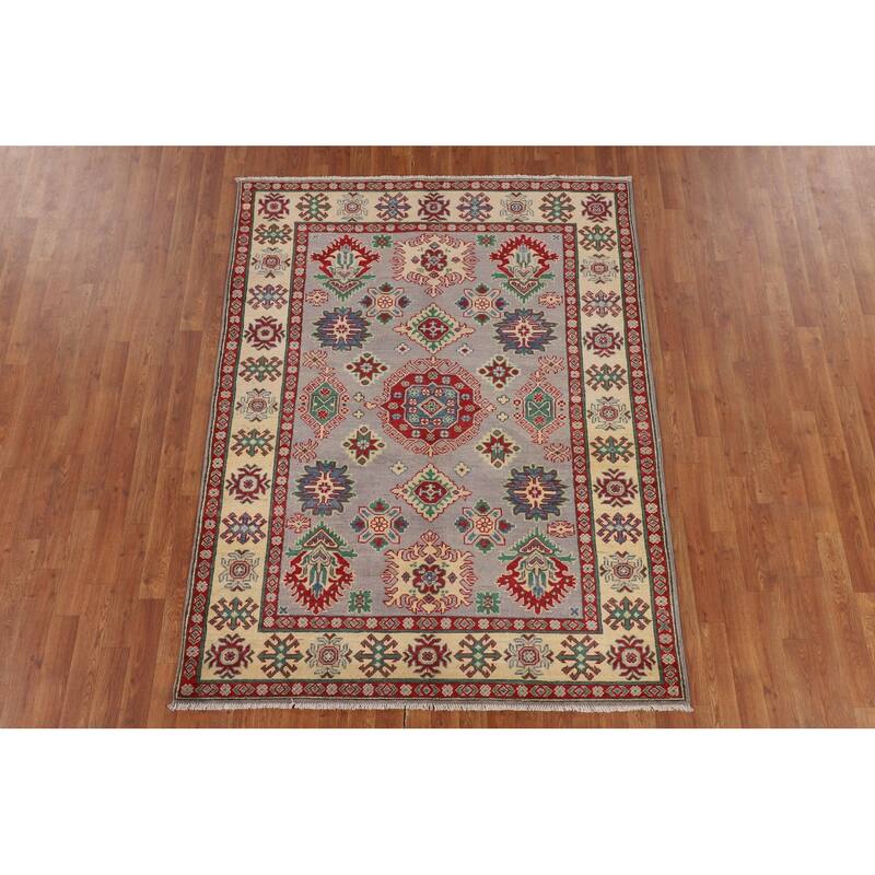 Grey Geometric Kazak Oriental Area Rug Handmade Wool Carpet - 5'1" x 6'9"