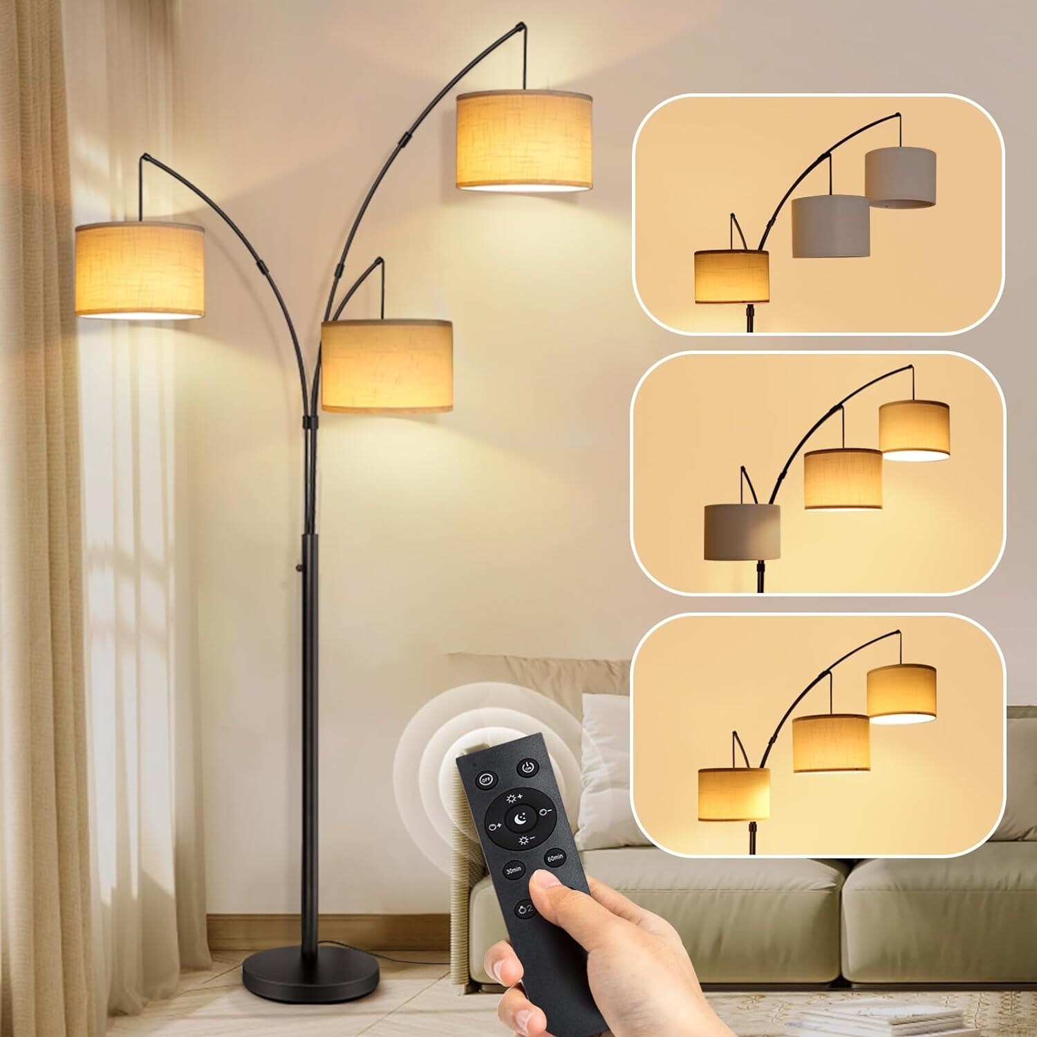 Floor Lamp For Living Room, Adjustable Height Standing Lamps With 350° Rotate Linen Lampshade, 67.5-Inch Brown Modern Tall Lamp Dimmable Floor Lamps For Corner Bedroom Home Office (Bulb Included