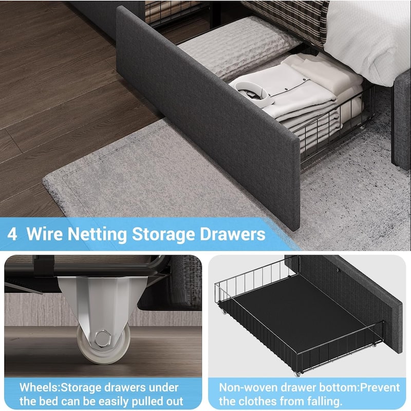 Bed Frame with 4 Storage Drawers1 USB /Type-C Charging Station