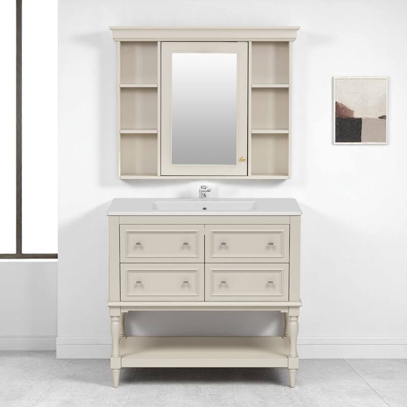 36"" Bathroom Vanity with Ceramic Sink and Medicine Cabinet, 4 Drawers, Storage Shelf, Solid Wood Frame,Bathroom Cabinet Set