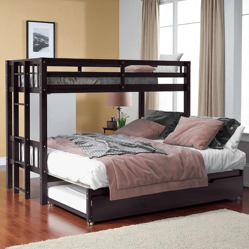 Twin Over Twin Pull-Out Bunk Bed with Trundle, Convertible 4 Beds, Solid Wood Frame with Guardrails and Ladder