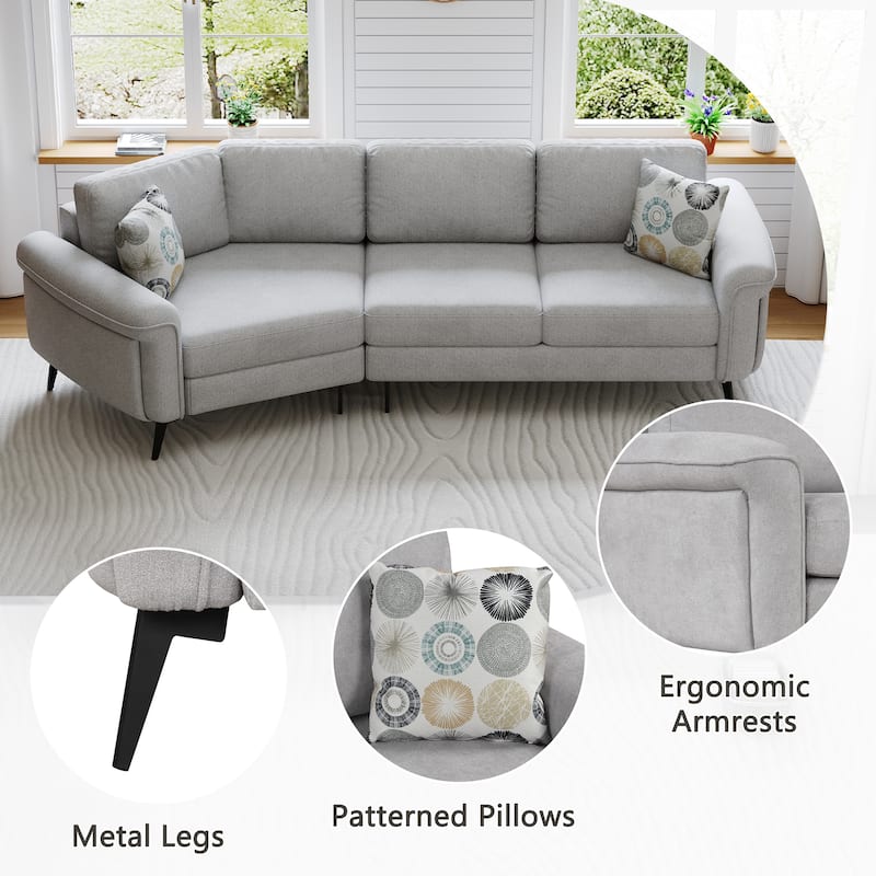 111" Gray Chenille Upholstered 3-seater Curved Sofa with Two Pillows