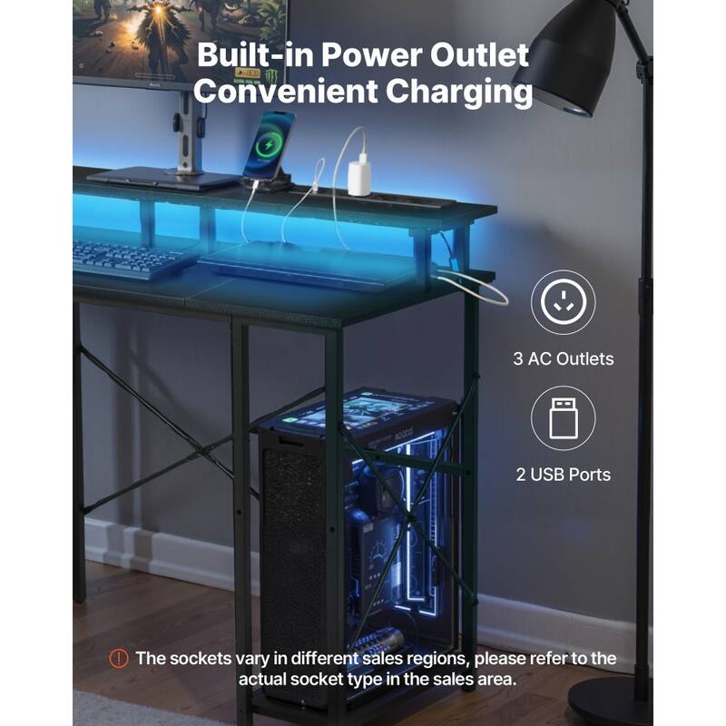 47" Black Computer Desk with RGB Lighting and Built-In Power Strip USB Ports Adjustable Storage Shelf