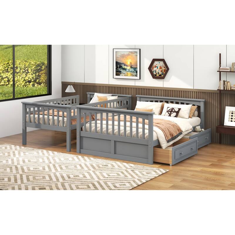 Wooden Storage Bunk Bed Frame with Fence-shaped Guardrails and Pull-out Drawers, Convertible 2 Platform Beds, Detachable Design