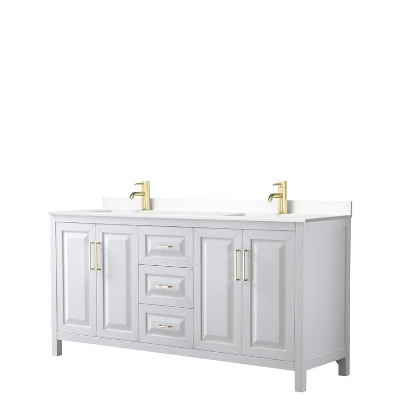 Daria 72 Inch Double Vanity, Cultured Marble Top - White, Gold Trim, White Cultured Marble Top