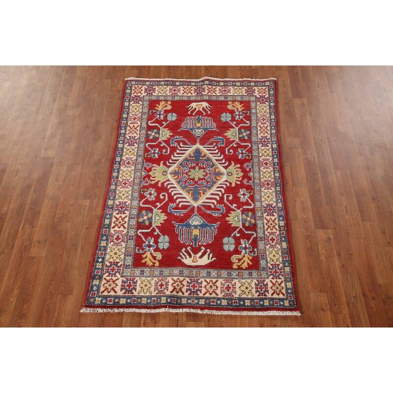 Geometric Red Kazak Oriental Rug Handmade Traditional Wool Carpet - 3'4"x 5'3"