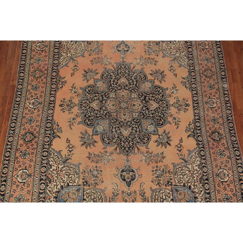 Orange Geometric Tabriz Persian Vintage Rug Handmade Wool Carpet - 7'7" x 11'5"