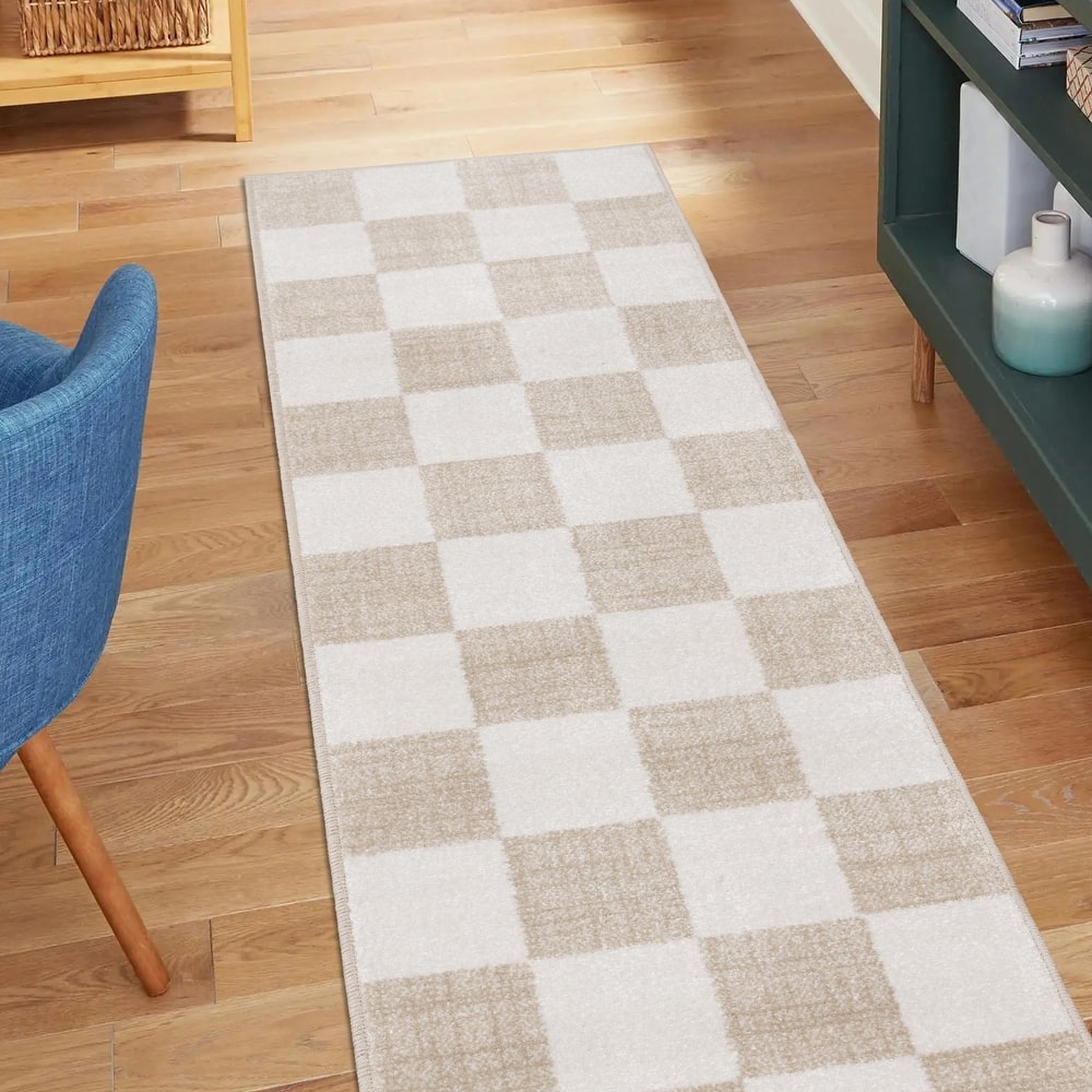 Modern Neutral Checkerboard Rug in Cream Beige