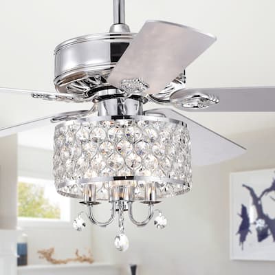Fengren Chrome 3-light 52-inch Chrome Lighted Ceiling Fan with Crystal Shade (incl. Remote & 2 Color Option Blades)