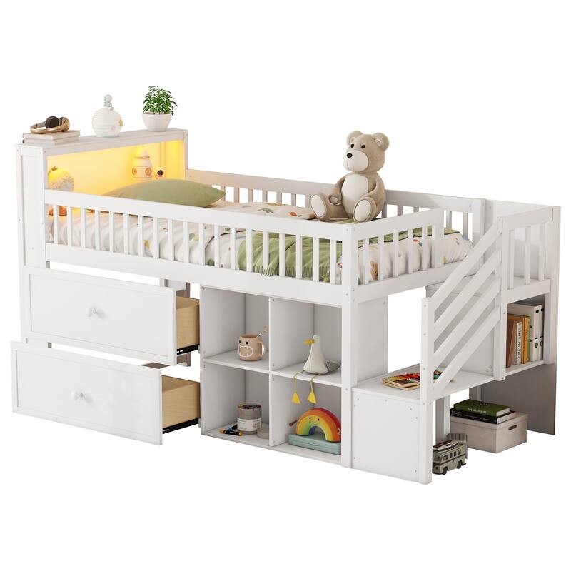 White Twin Size Low Loft Bed with LED, Stairs, Storage Drawers, and Shelves