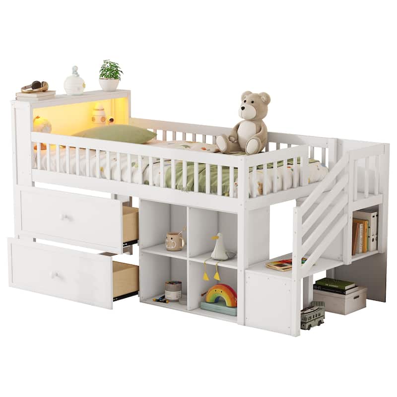 Wooden Twin Size Kids Loft Bed, Solid Pine Low Loft Bed Frame, Twin Size LED Storage Bed Frame with 2 Drawers and Shelves