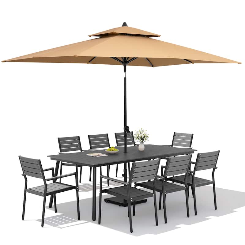 11PC Outdoor Patio Dining Set Aluminum Table with Stackable Armchairs w/ Premium Market Umbrella Sets