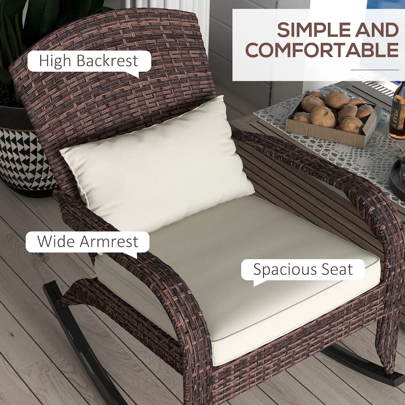 Outsunny Outdoor Wicker Adirondack Rocking Chair, Patio Rattan Rocker Chair with High Back, Seat Cushion, and Pillow for Garden