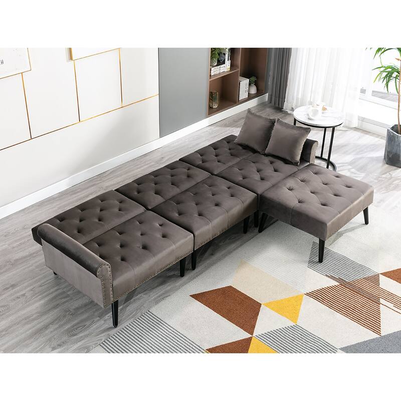 Convertible Velvet Sofa Couch, Sectional Sofa with Ottoman, Mid-Century Futon Sofa Bed - 32"D x 100.7"W x 29.9"H