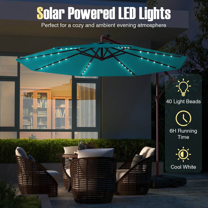 Costway Patio 10FT Hanging Offset Umbrella 32 LED Lights Sand Bag