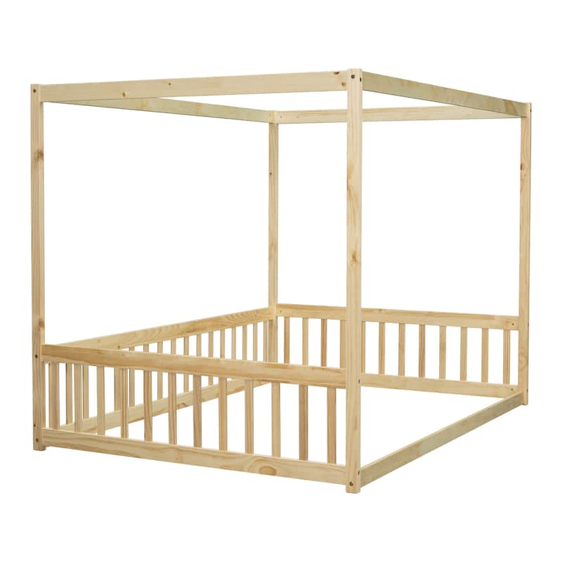Canopy Frame Floor Bed with Fence and Guardrails