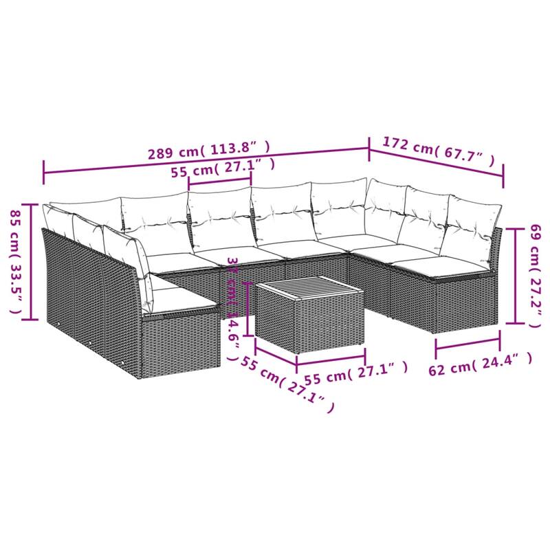 vidaXL Patio Sofa Set with Cushions Outdoor Furniture 10 Piece Poly Rattan - 24.4 x 24.4 x 27.2