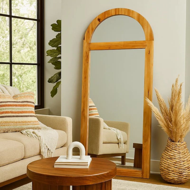 Farmhouse Style Rectangular Wooden Wall Mirror Set of 2 with Arched Top, Brown