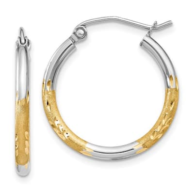 Curata 14k Yellow Gold and Rhodium 17x2mm Satin and Diamond Cut Hoop Earrings