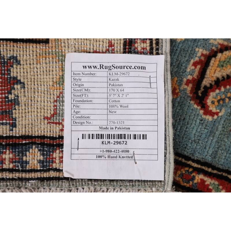 Light Blue Kazak Oriental Runner Rug Hallway Handmade Wool Carpet - 2'1" x 5'7"