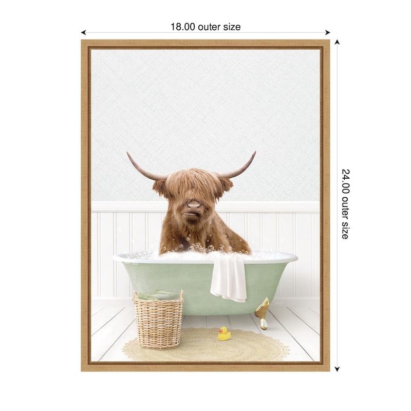 Kate and Laurel Sylvie Highland Cow in Cottage Green Bathtub Framed Canvas by Amy Peterson