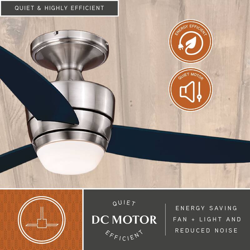 Adrian 44 In. Quiet Satin Nickel Flush Ceiling Fan with LED Light Kit and Remote - 44-in W x 13-in H x 44-in D