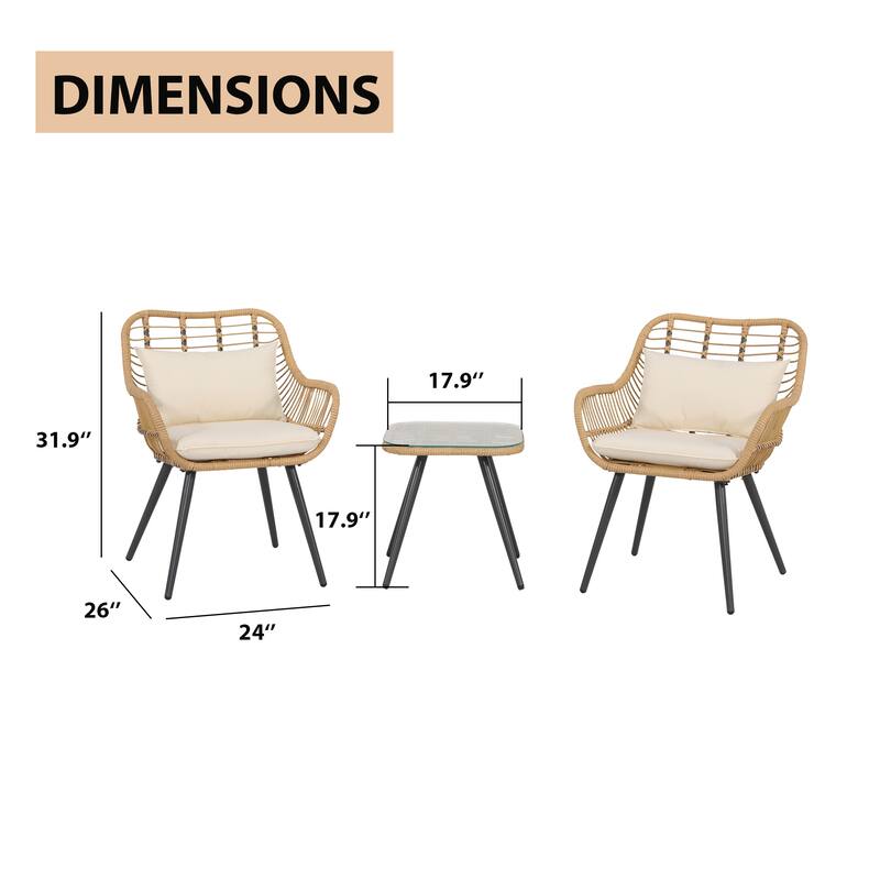 3-Piece Cushioned Bistro Set Patio Wicker Chair and Side Table