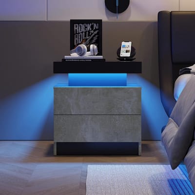 Nightstand LED Bedside Table Cabinet Lights Modern End Side with 2 Drawers for Bedroom